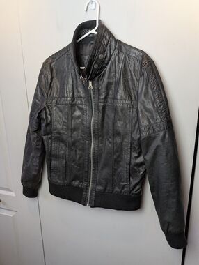 ZARA Man 100%  Leather Coat Size XL ( Run Way Smaller) Black Aviator Style